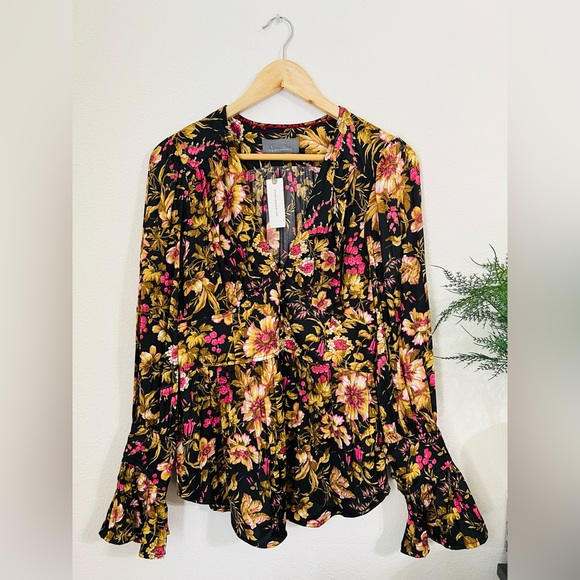 Anthropologie Deep-V Tunic Top Floral Blouse Corset Peplum Long Sleeve Size M - Picture 4 of 10